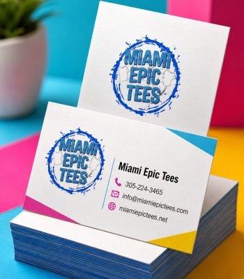 Custom business cards for Miami Epic Tees with branded logo and contact information