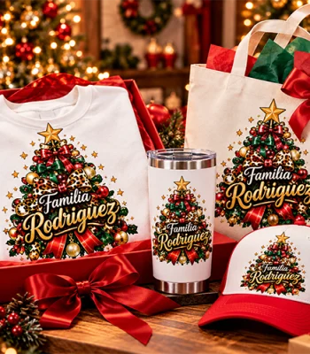 Custom Christmas family gifts featuring a personalized holiday T-shirt, tote bag, tumbler, and cap with a festive Christmas tree design