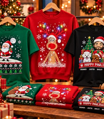 Custom printed Christmas apparel including a green Santa t-shirt, a red reindeer sweatshirt, and a black personalized pet shirt reading Happy Pawlidays displayed on hangers with festive decor.