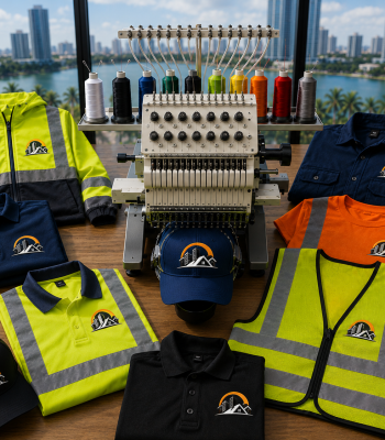 Custom construction workwear in Miami featuring embroidered polo shirts, safety vests, jackets, work shirts, and caps with branded company logos.