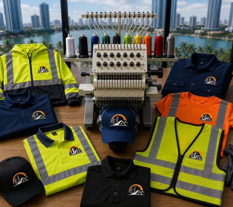 Custom Construction Workwear & Embroidery in Miami | Miami Epic Tees Custom construction workwear in Miami featuring embroidered polo shirts, safety vests, jackets, work shirts, and caps with branded company logos.
