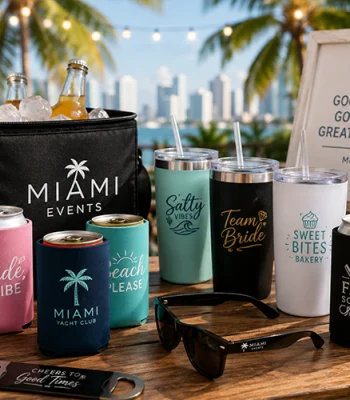 Design custom tumblers, stainless steel cups, and neoprene can coolers for events, parties, and corporate giveaways. Order personalized drinkware today!