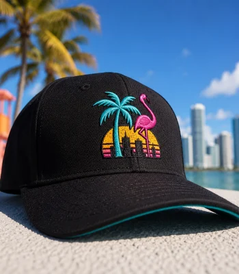 Custom embroidered hat with Miami skyline, palm tree and flamingo design created by Miami Epic Tees