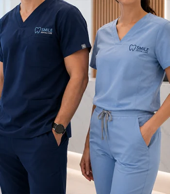Custom embroidered medical scrubs with dental clinic logo in Miami
