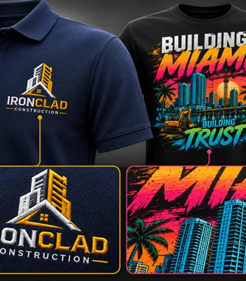 Comparison of custom embroidery on a polo shirt and vibrant full-color T-shirt printing in Miami, showcasing premium apparel decoration services for businesses, brands, and construction companies.