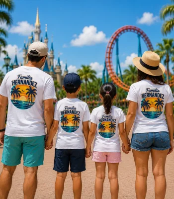 Custom family reunion shirts with matching vacation designs worn by a family at a theme park in Florida