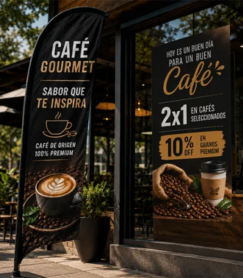 Custom cafe feather flag and promotional window signage in Miami