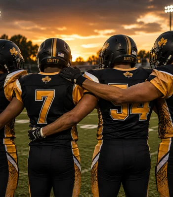 Custom football team uniforms with black and gold jerseys in Miami