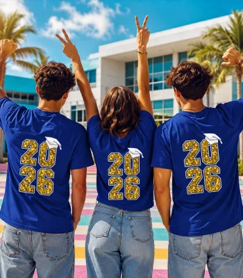 Students wearing custom graduation shirts with Class of 2026 design for a Miami school celebration