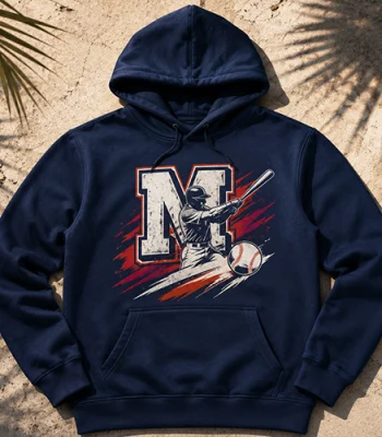 Custom hoodie in Miami featuring a bold baseball-inspired graphic design, ideal for school spirit wear, sports teams, businesses, and personalized apparel.