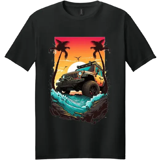 custom-jeep-beach-sunset-graphic-shirt-miami-epic-tees Black t-shirt with colorful beach Jeep graphic printed by Miami Epic Tees