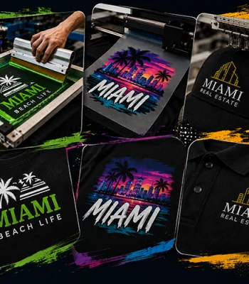 Screen printing DTF transfers and custom hat embroidery for Miami apparel.