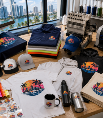 Custom printing and promotional products in Miami including T-shirts, polo shirts, hoodies, hats, tote bags, water bottles, tumblers, mugs, and stickers with branded designs.