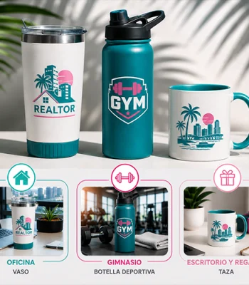 Custom promotional drinkware in Miami featuring branded tumblers, sports water bottles, and ceramic mugs with full-color logos for businesses, gyms, real estate professionals, and corporate gifts.