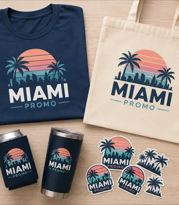 Custom Miami promotional products including t-shirts, tote bags, tumblers and stickers