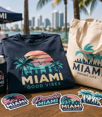 Custom promotional products in Miami including branded T-shirt, tote bag, can cooler, and stickers