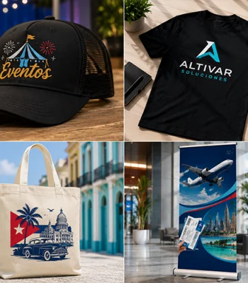 Collection of custom promotional products including embroidered hats, branded t-shirts, tote bags, and retractable banners printed in Miami.