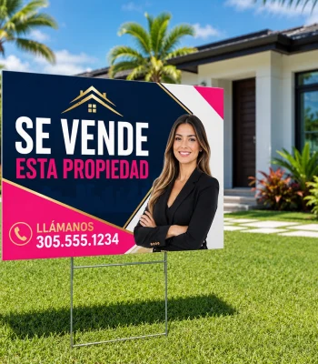 Custom real estate yard sign with agent branding displayed in front of a Miami home for sale