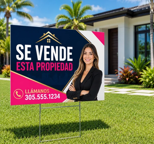 Custom real estate yard sign with agent branding displayed in front of a Miami home for sale