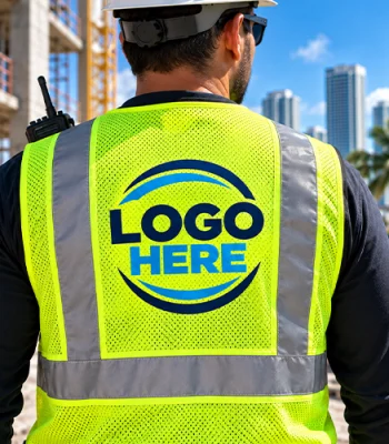 Construction worker seen from behind wearing a lime green high-visibility safety vest with reflective stripes and a custom blue circular logo that reads "BRIGHT CITY DEVELOPMENT" and "SAFETY SERVICE EXCELLENCE". A two-way radio is attached to the vest. The background shows a busy construction site with high-rise city buildings and a palm tree under a sunny sky.