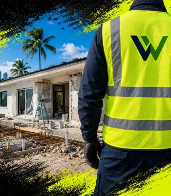 Custom safety vest with company logo at a construction site in Miami featuring high-visibility workwear