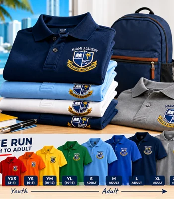 Custom school uniforms in Miami featuring embroidered polo shirts, youth and adult size options, and school backpacks for academies, private schools, and educational organizations.