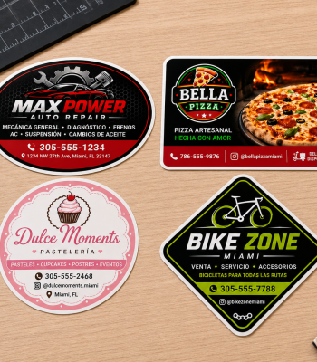 Custom stickers and decals in Miami featuring colorful branded designs for auto repair, restaurants, bakeries, and local businesses.