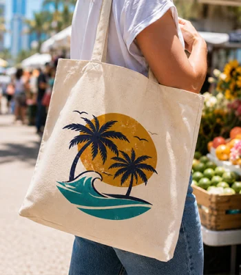 Custom reusable tote bag with tropical Miami palm tree design at a local market