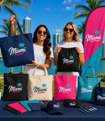 Custom tote bags and promotional bags with branded logos displayed for marketing and corporate events in Miami