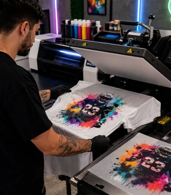 Custom t-shirt printing process in Miami featuring full-color apparel production on a professional heat press machine