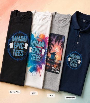 Custom Miami Epic Tees shirts showcasing screen printing, DTF, DTG, and embroidery options