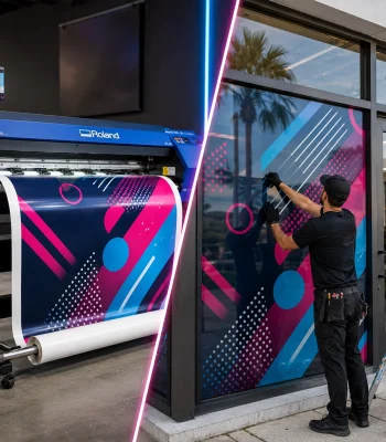 Custom window decals and storefront graphics installation for a Miami business using large-format vinyl printing