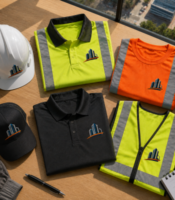 Equip your team with custom workwear. High-visibility polos, reflective vests, hard hats, and caps customized with your business logo. Get a quote today!