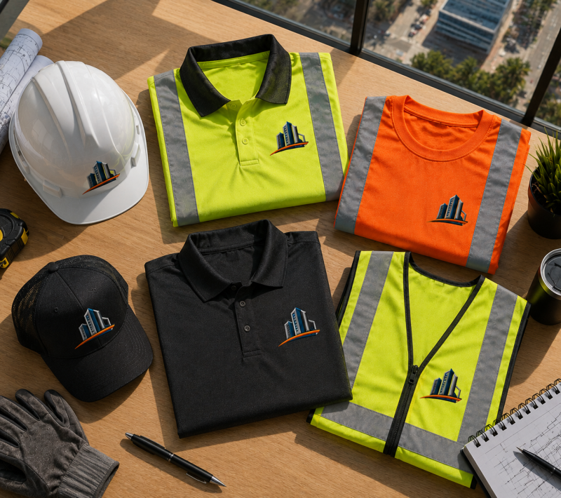 Custom Workwear & Uniforms for Construction Teams Equip your team with custom workwear. High-visibility polos, reflective vests, hard hats, and caps customized with your business logo. Get a quote today!