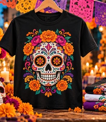 Custom Day of the Dead shirt with colorful sugar skull design