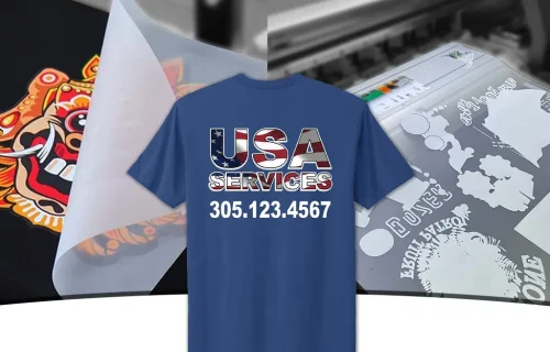 dtf-printed-shirts-transfer-process-miami-epic-tees DTF printed shirt with USA Services logo and custom contact info from Miami Epic Tees