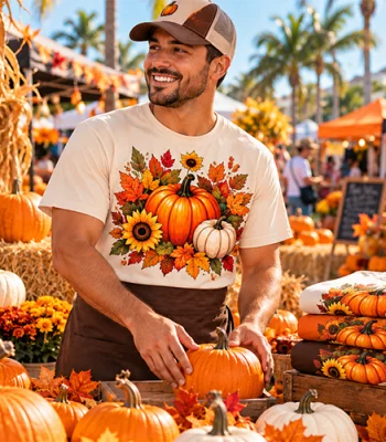 Custom fall shirt featuring pumpkins, sunflowers, and autumn leaves at a fall festival