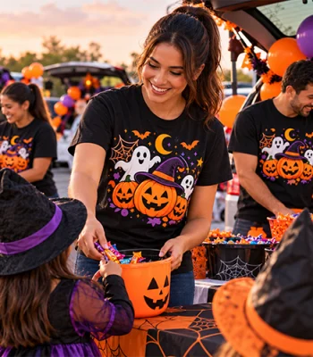 Custom Halloween shirts featuring pumpkins, ghosts, and spooky designs at a Miami trunk-or-treat event