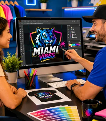 Graphic designer helping a customer prepare a logo and artwork for high-quality custom t-shirt and apparel printing.