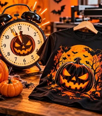 A black custom printed Halloween t-shirt featuring a spooky jack-o'-lantern graphic next to an alarm clock with a pumpkin face, carved pumpkins, cobwebs, and stacked shirts on a wooden table.