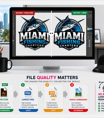 Comparison of raster and vector logo artwork showing professional logo vector conversion and redraw services in Miami for high-quality printing on apparel, signs, and promotional products.