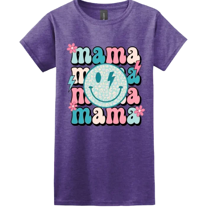 mama-shirt-retro-smiley-dtg-miami Purple “mama” shirt with retro smiley face and DTG print by Miami Epic Tees