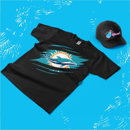 miami heat and miami dolphins custom shirts and hats Custom Miami Dolphins t-shirt and Miami Heat cap on blue background