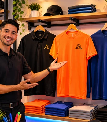 Print shop showcasing custom polo shirts, cotton t-shirts and performance apparel for business branding, uniforms and promotional events.