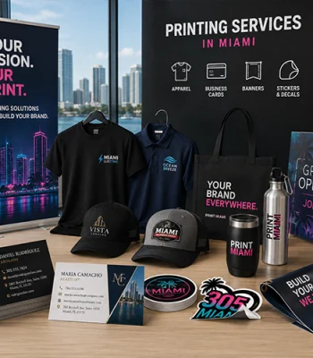 Custom printing services in Miami featuring apparel, business cards, banners, stickers, hats, drinkware, and promotional products