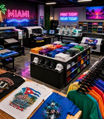 Custom apparel printing shop in Miami offering same-day custom shirt printing and fast turnaround services