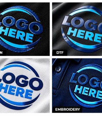 Print guide showing 4 ways to print your logo including screen printing, DTF, DTG, and embroidery.