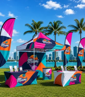 Custom trade show booth with branded canopy, banners and event displays in Miami Florida