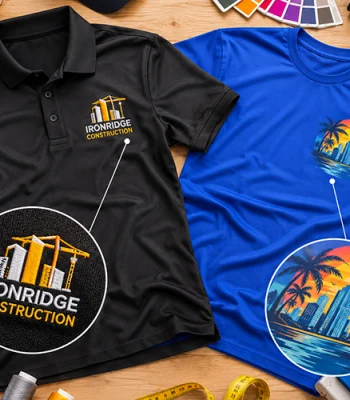 Side-by-side comparison of embroidered polo shirts and printed t-shirts showing the difference between embroidery and custom apparel printing.