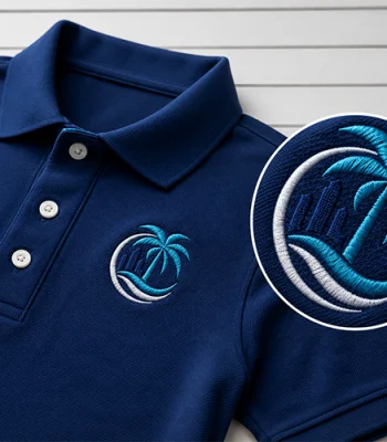 Detailed view of a professionally embroidered logo on a polo shirt highlighting stitch quality before ordering custom embroidery in Miami.